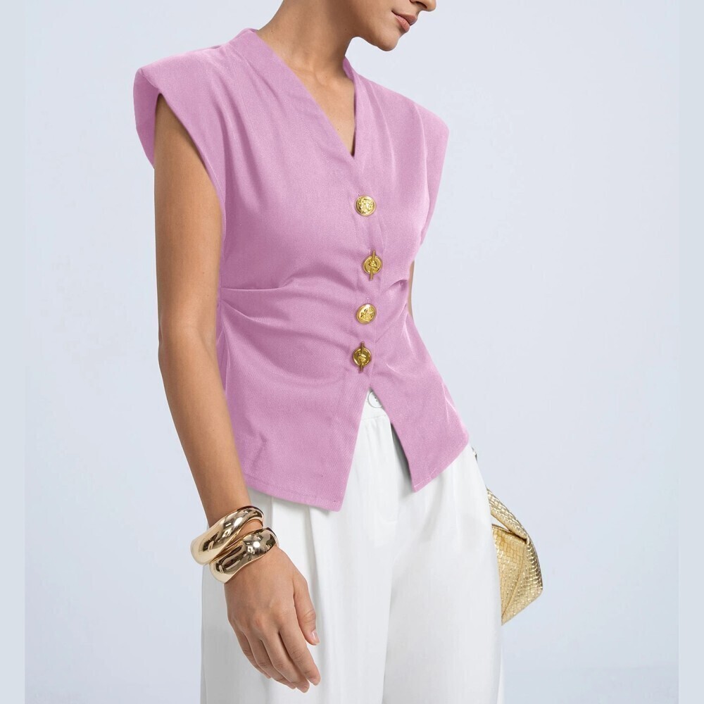 Pink Gold Button V Neck Shoulder Pad Sleeveless Peplum Blouse Top
